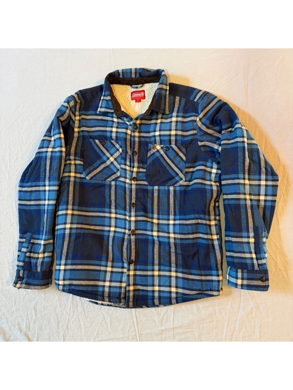 Coleman Men's Blue Plaid Sherpa Lined Button Front Shirt Jacket Large